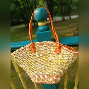 Vintage Sun N Sand Woven Satchel Yellow, White And Orange Perfect Summer Bag